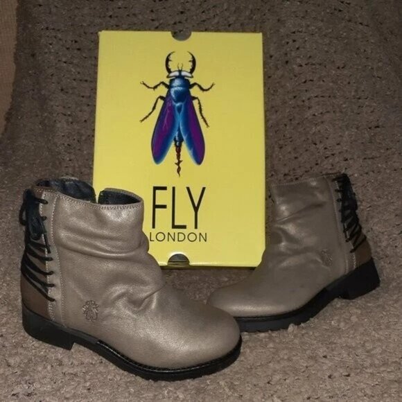 FLY LONDON-Bust-Grey/Ground Leather Ankle Boots-Side Zip-Corset Back-Sz 36-6-NEW - Picture 1 of 7